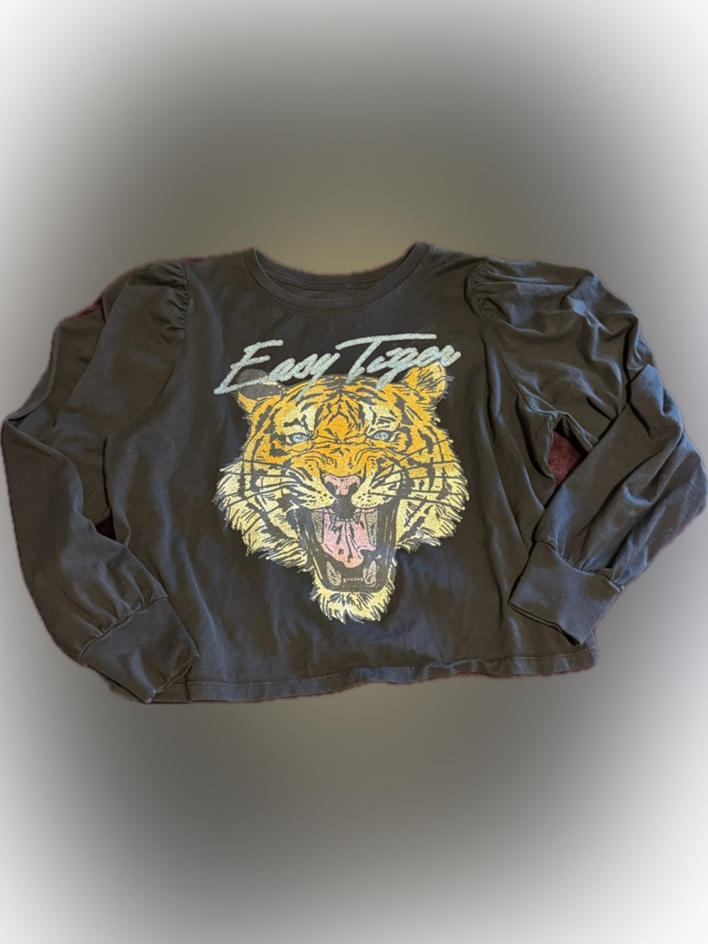 Recycled Karma Black Long Sleeve Tee with Yellow Tiger Face